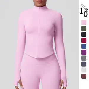 New Seamless Solid Color Tight-Fitting High-Elastic Breathable Stand-Up Collar Zipper Jacket for Women's Sports, Running, Fitness, and Yoga