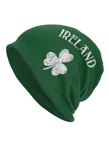 St. Patrick'S Day Ireland Shamrock Beanie - Green Knit Skull Cap with White Clover Design, Hip Hop Style, Polyester & Elastane Blend, Fashionable & Comfortable for Men