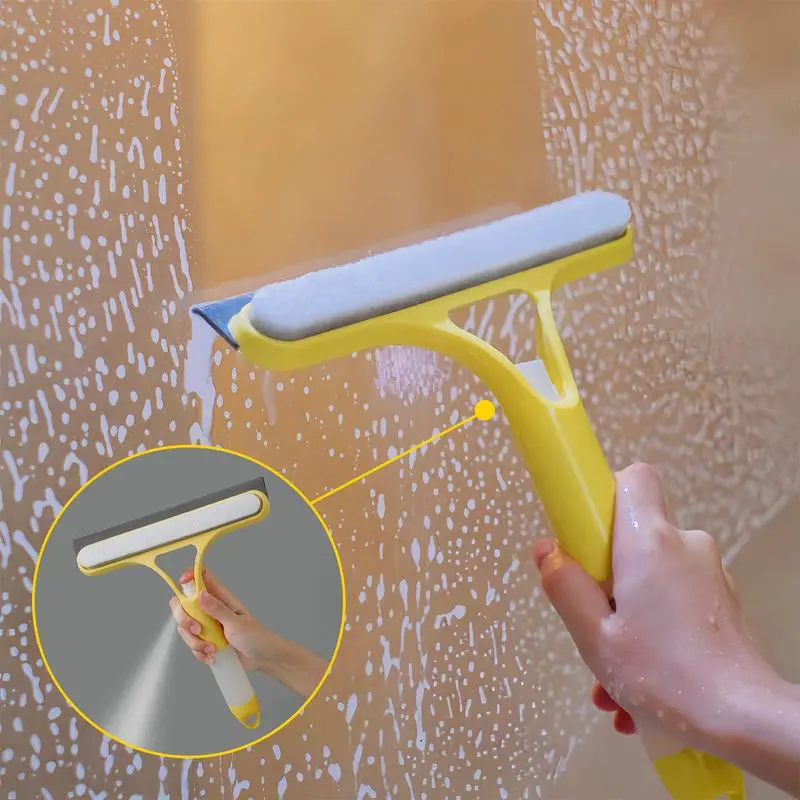 3 in 1 Window Cleaning Scraper, 2025 New Squeegee for Shower Glass, 3 in 1 Spray Function for Glass Doors for Windows Glass, Mirrors Scraper, Brush. All-Purpose Window Cleaner Tool Yellow Wipe