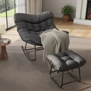 Oversized Papasan Rocking Chair Set with Ottoman, Wicker Soft Cushion Metal Frame, Indoor Outdoor Lounge for Patio Balcony Bedroom Living Room