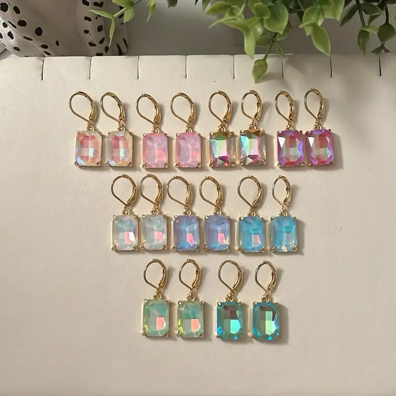 Cushion Cut Earrings for Pierced Ears - Gold Plated with Multicolor Gems - Perfect for Everyday Wear