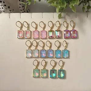 Cushion Cut Earrings for Pierced Ears - Gold Plated with Multicolor Gems - Perfect for Everyday Wear