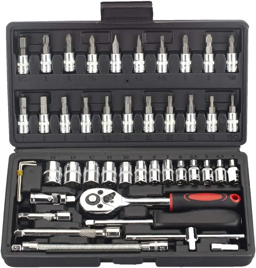 46 Pieces 1/4" Metric Socket Ratchet Wrench Tool Set with Storage  1/4 inch Metric Socket Set, Ratchet Wrench Set with Quick-Release Ratchet and Extension Bar, Perfect for Auto Repair & Home