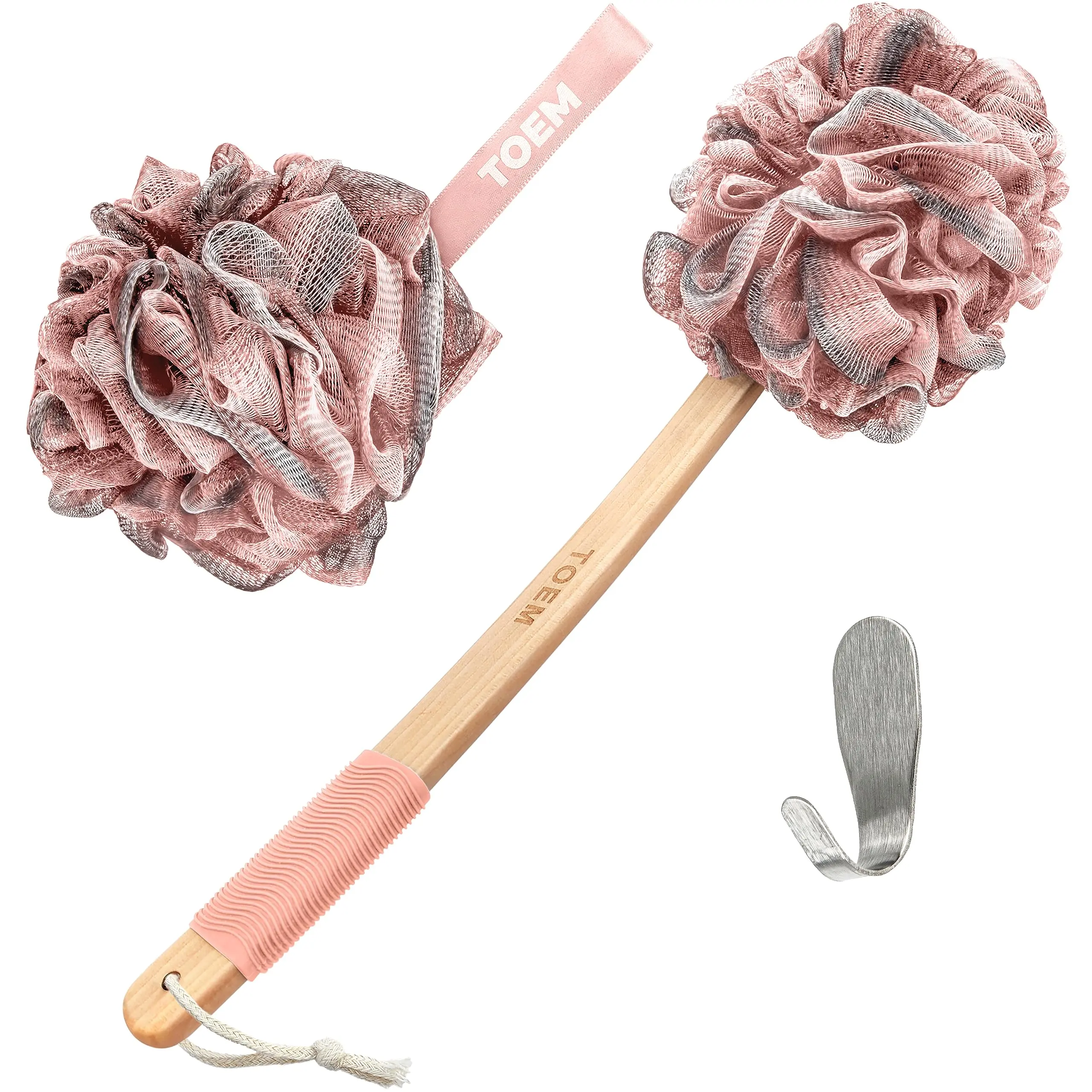 Loofah Back Scrubber for Shower | Bamboo Charcoal Infused | Loufas for Men & Women | Includes 1 Long Handled Shower Sponge, 1 Bath & Shower Luffa Pouf & 1 Hook to Hang Stuff (Rose Pink)ZAZK62