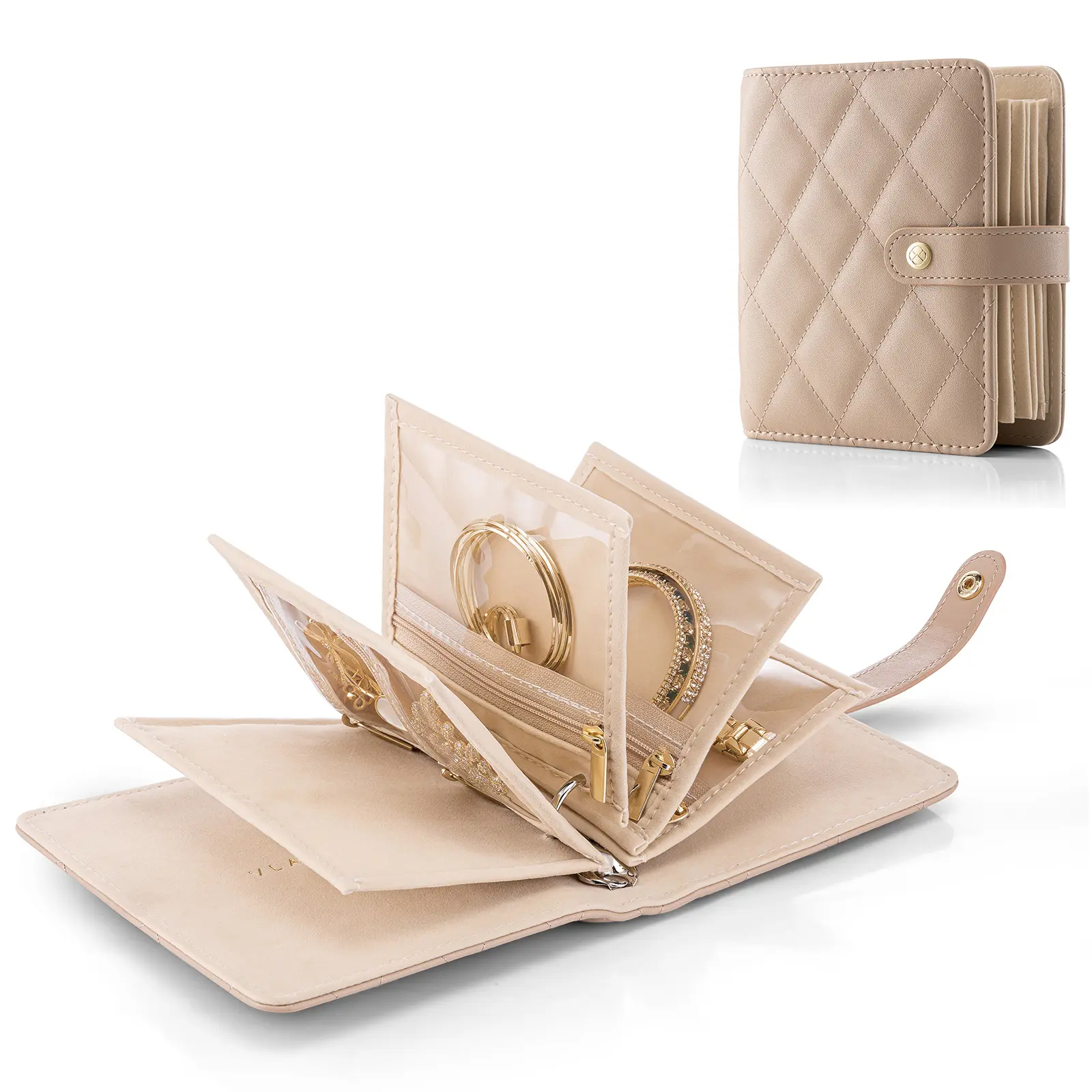 VLANDO Mini Travel Jewelry Case for Women, Portable Jewelry Organizer Book with Clear Zipper Velvet Pouches, Cream White Compartmentalized Durable summerwins,dorm essentials,home decor