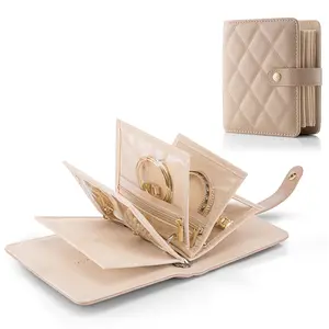 VLANDO Mini Travel Jewelry Case for Women, Portable Jewelry Organizer Book with Clear Zipper Velvet Pouches, Cream White