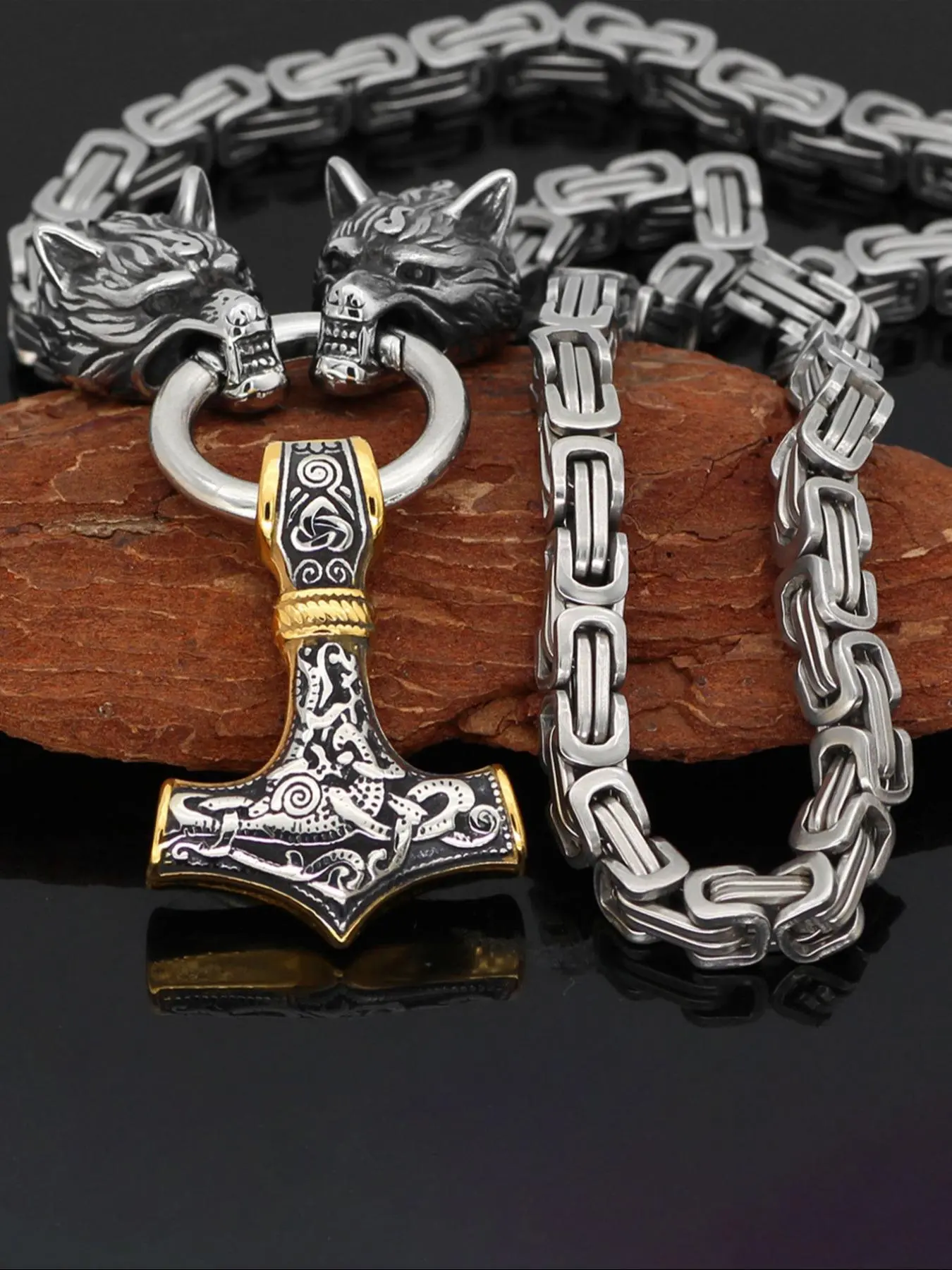 Gothic Viking Style Odin Hammer Pendant Necklace, Stainless Steel Chain, Cuban Link Design, Fashionable Accessory, Perfect Gift for All Occasions, Exquisite Jewelry Gift, Durable Jewelry