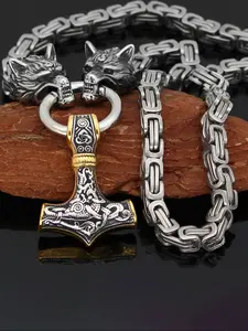 Viking Wolf Head & Hammer Design Pendant Necklace, Stainless Steel Jewelry for Party, Daily Clothing Decor, Trendy All-match & Exquisite Jewelry for Birthday Gift, Cuban Link Chain