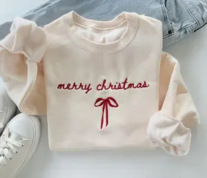 [MADE IN US] Embroidered Christmas Sweatshirt, Merry Christmas Bow, Minimal Christmas Embroidery, Xmas Gift, Womenswear, Fast Shipping