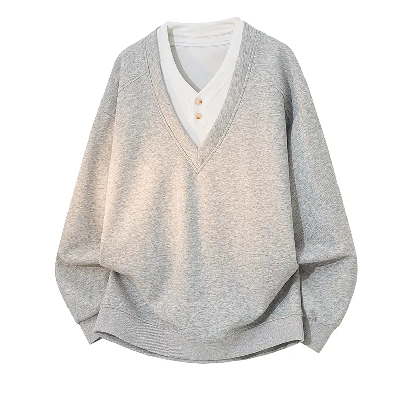 Men’s Mock 2-Piece Patchwork Cotton Blend Sweatshirt - V-Neck, Loose, Minimalist, Comfortable Longsleeves Menswear Fashion Casual Pullover T-Shirt for Spring Autumn, Colorblock Print, Long Sleeve, Loose-Fit, Machine Wash, Medium Length, Minimalist Cut, Pu