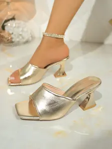Metallic Square Toe High Heel Sandals for Women, Open-Toe Thick Heel Mules, Summer Outdoor Fashion Slip-Ons, Elegant One-Piece Slippers