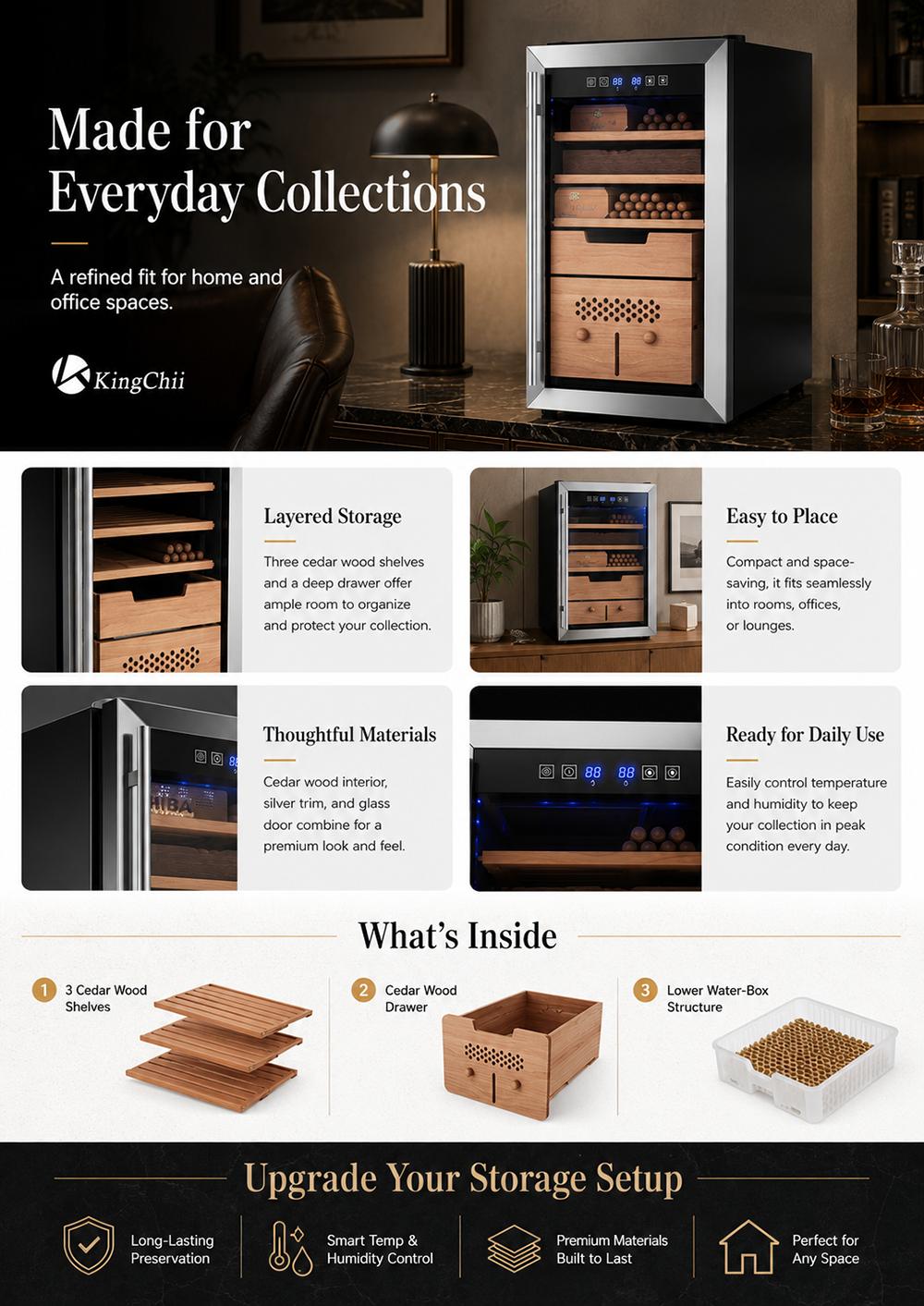 KingChii 43L Smart Electronic Humidor, Auto Temp & Humidity Control, Mold-Resistant Cedar Shelves for Premium Collections, 200 Count