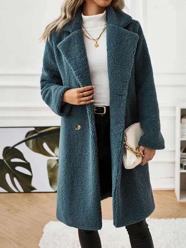 Women's Solid Button Front Lapel Neck Fuzzy Coat, Casual Warm Long Sleeve Coat for Fall & Winter, Women's Clothing for Daily Wear 2