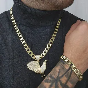ViOrO 14K Gold Plated 10mm Cuban Link Chain with Zircon  Rooster Pendant for Dairy Use. Electro Laminated Premium Jewelry