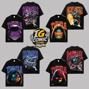 TMNT Ninja Turtles Premium Acid Washed Cotton Graphic Tee Combo Leonardo Raphael Michelangelo Donatello Vintage Anime Streetwear Oversized Black T-Shirt Collection Fan Gift Set