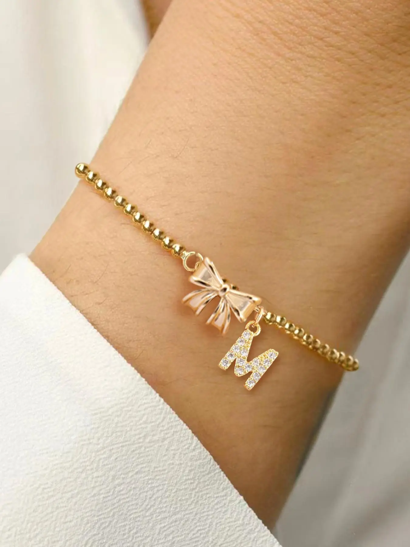 Bowknot Design Initial Bracelet, Fashionable Adjustable Bead Chain Bracelet for Women & Girls, Trendy All-match & Exquisite Jewelry for Birthday Gift, Adjustable Bangle, Adjustable Beaded Design