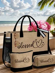 Letter Print Three-piece Set: Linen Letter Pattern Tote Bag, Cosmetic Bag, Grandma Loves Letter Pattern Fashion Bag, Coin Purse, Large-capacity Simple Tote Bag, Portable Casual Storage Tote Bag Gift, Birthday Gift, Valentine's Day Gift