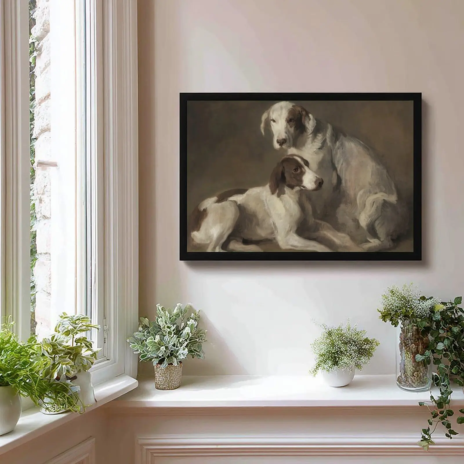 Vintage Two Hunting Hounds Dog Oil Painting Canvas Poster, Classic Rustic Animal Portrait Wall Art Print, Antique Countryside Pet Artwork, Farmhouse Style Home Decor for Living Room Bedroom Office, Ready to Hang Gift for Dog Lovers & Art Collectors