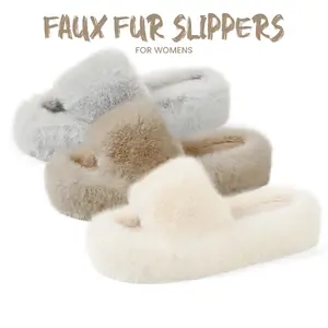 Womens Slippers Faux Fur Slides Open Round Toe Memory Foam Warm Cozy Sliders Easy Slip on Winter Shoes for Party Indoor Outdoor Shoes