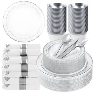 Bestluck 350PCS Clear Plastic Plates with Silver Trim Disposable Dinnerware Set for 50 Guests Includes 100 Plates 50 Napkins 50 Cups Premium Quality BPA-Free Ideal for Weddings Parties Anniversaries