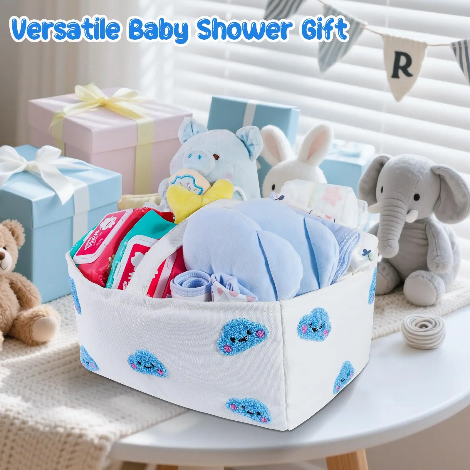 Blue Baby Diaper Organizer Basket - Durable Portable Storage with Adorable Cloud Patches, Soft Plush Piggy Toy, Travel Bag for Newborns, Baby Shower Essential