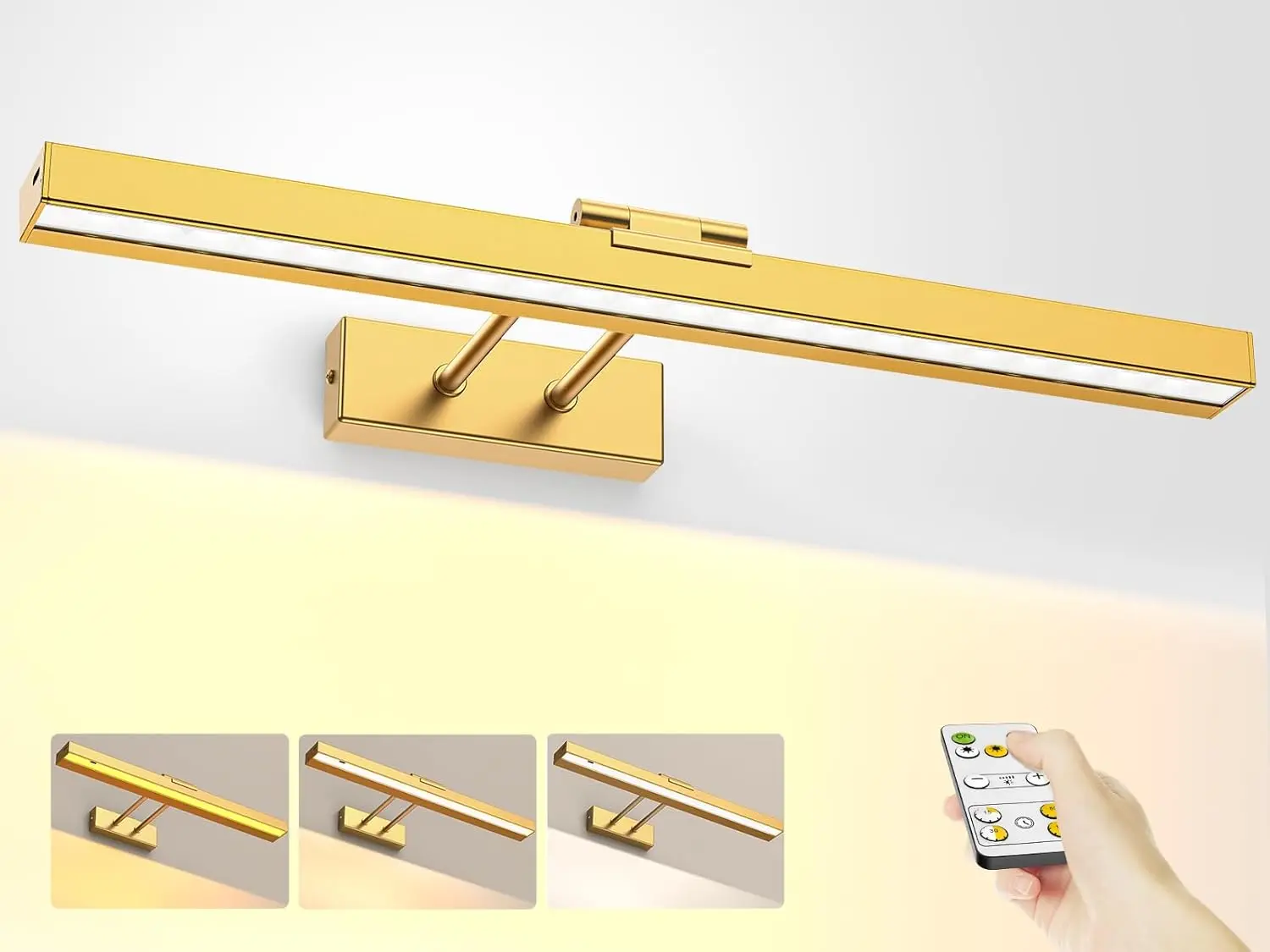HUDYOGY Rechargeable LED Picture Lights for Wall,Dimmable Battery Operated Wireless Picture Lights Brass Gold 4000mAh with Remote,Cordless Art Light Adjustable Degree with Magnet,Dart Board Light