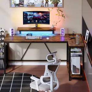 58" L-Shaped Corner Desk with LED Lights – Power Outlet, Monitor Stand, Rustic