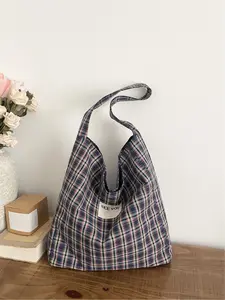 Large capacity plaid letter printed tote bag | Soft silhouette+plaid fabric+letter label, can be carried on one shoulder or by hand, can be carried for daily commuting, school, or shopping, with a relaxed and gentle atmosphere, whoever carries it looks go