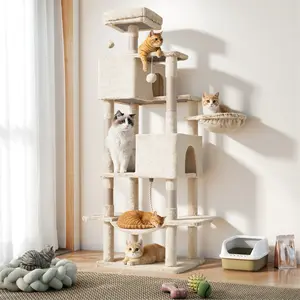 Cozy Beige Cat Paradise! Plush 66Inch Tower with 2 Snug Condos & Perches. Ultimate Relaxation Spot for Your Cats. Easy to Assemble!