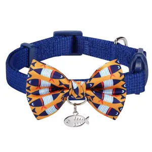 Navy Blue Bow Tie Cat Collar With Fish Pattern Charm