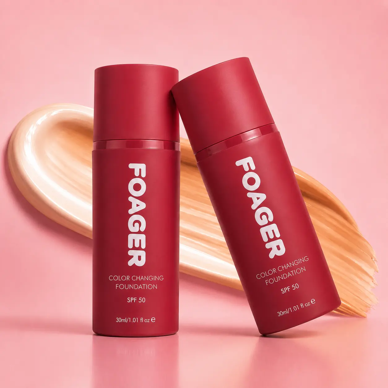 FOAGER Color-Changing Foundation 2-Pack, 30ml Each, Skin-Adapting Makeup for Light, Medium, Tan & Deep Skin Tones, Buildable Full Coverage, SPF 50, Long-Lasting Natural Matte Finish
