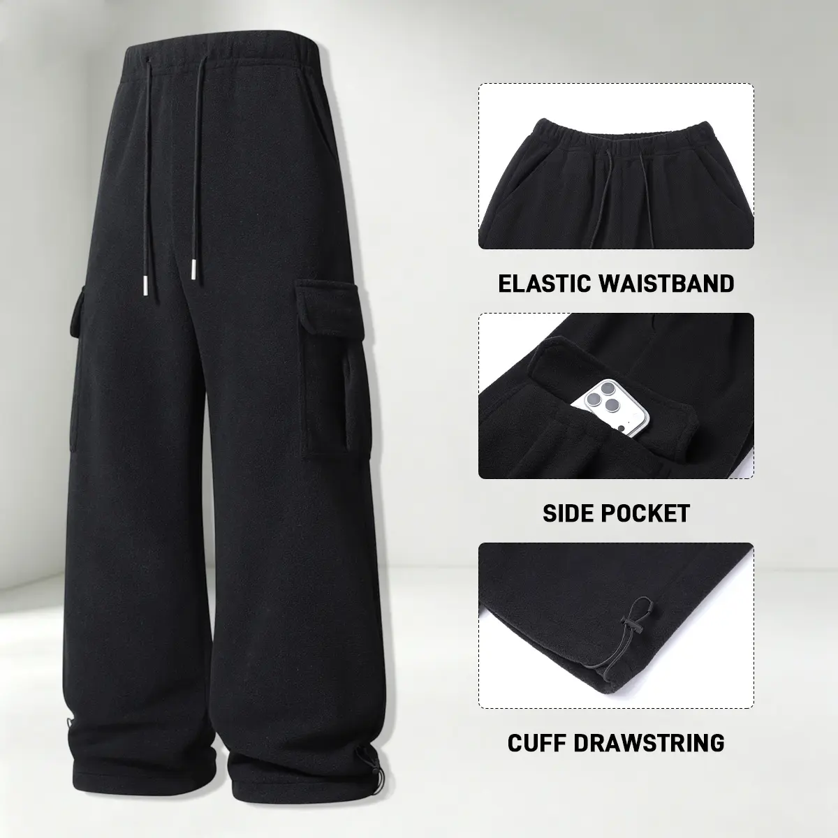 Men’s casual athletic sweatpants, classic solid color design, elastic waistband, large side pockets for convenient carry, adjustable drawstring cuffs, fleece feel that is comfortable and soft, essential team pants, menswear, men’s bottoms