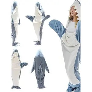 Shark Costume Sleeping Bag Cartoon Hoodie Onesie Animal Homewear Robe Flannel One-Piece Pajamas Adult Wearable Blanket Cozy Loungewear Funny Gift for Family Gatherings Halloween Party Soft Loose Casual Clothes
