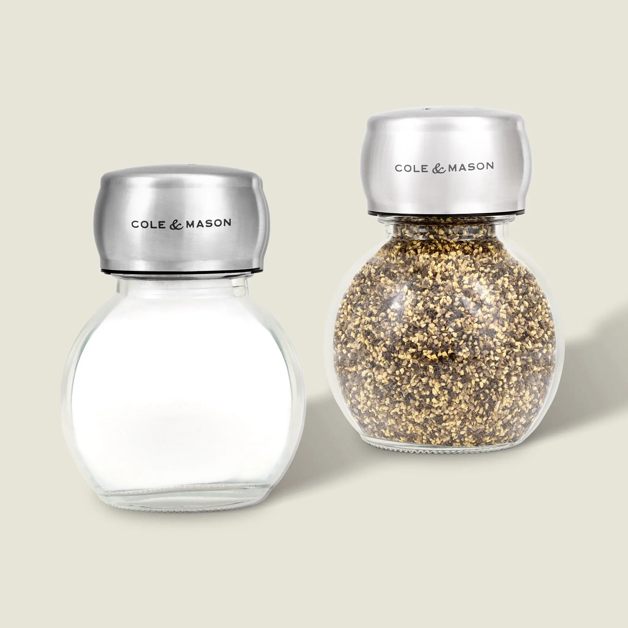 Cole & Mason Darlington Spice Shakers Set - Smooth Stainless Steel Containers, Glass Body, Precise Dispense Kitchen Seasoning Utensils for Casual Dining, Modern