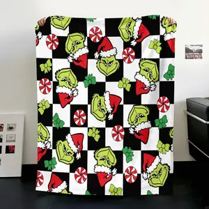 Creative Home Flannel Blanket, Christmas Grinch Chessboard Pattern Plush Decorative Throw, Gift Blanket for Naps, Sofa, Office, Camping