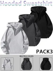 Men's Versatile Warm Hooded Sweatshirt Set, 3-Piece Half-Zip Fleece Long Sleeve Pullover, Casual Loose Fit for Fall & Winter