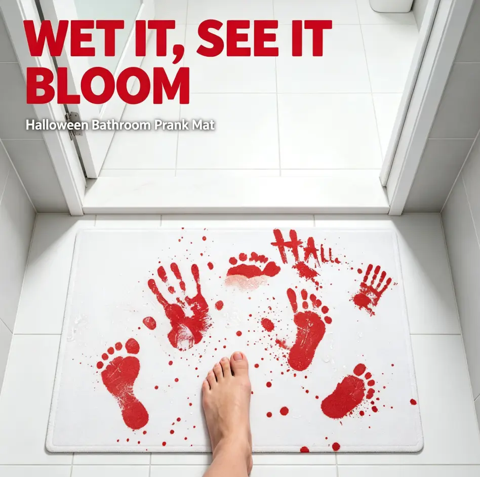 Scary Halloween Prank Color-Changing Wet-Responsive Bath Mat, Spooky Blood Handprint-Footprint Bathroom Floor Rug, Funny Party Decor & Home Shower Gift