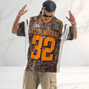 American retro V-neck jersey short-sleeve T-shirt, all-over jungle camouflage print, numeric print, white-and-orange colorblock design, loose and comfortable fit, men’s trendy streetwear for going out. fathersdaygift