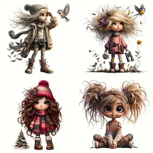 4-Piece Vibrant Anime Cartoon Character Iron-On Transfer Stickers, Colorful Long Hair Young Design, DIY T-Shirt & Backpack Decor