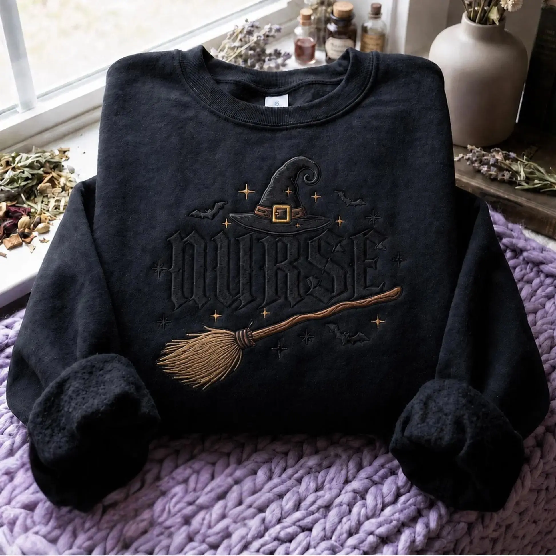 [MADE IN US] Embroidered Halloween Nurse Sweatshirt, Spooky Nurse Sweater, Witchy Embroidered Crewneck, Fall Lover Gift, Nursing Student Sweater