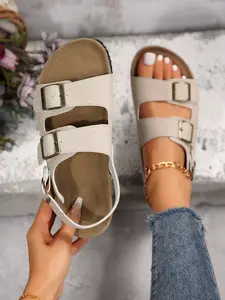 Women's Soft Wood Shock Absorption Adjustable Buckle Round Toe Flat Casual Shoes, Summer Outdoor Walking Sandals, PU Material