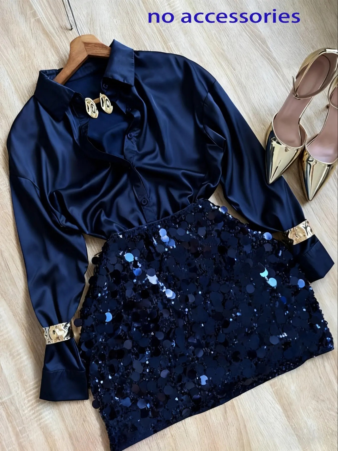 Elegant Plain Long Sleeve Blouse & High Waist Bodycon Fit Skirt with Contrast Sequins, Women's Fashion Two-Piece Set for Spring, Womenswear