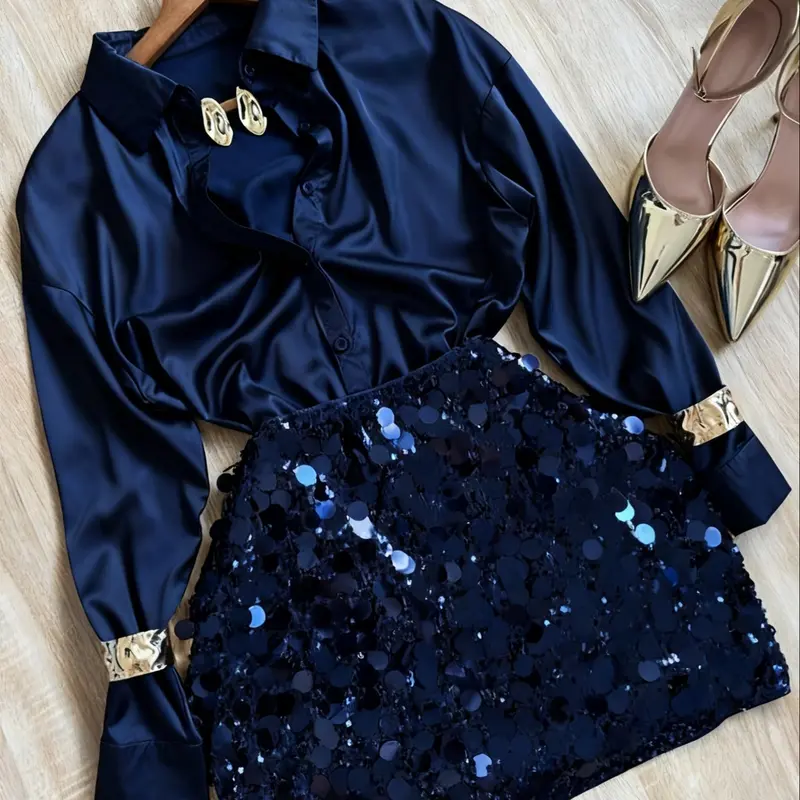 Elegant Plain Long Sleeve Blouse & High Waist Bodycon Fit Skirt with Contrast Sequins, Women's Fashion Two-Piece Set for Spring, Skirt And Top Set, Womenswear, Tops, Clothes