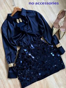 Sexy High Waist Bodycon Skirt with Contrast Sequins, Casual Plain Design Short Dress for Spring & Fall, Women's Fashion