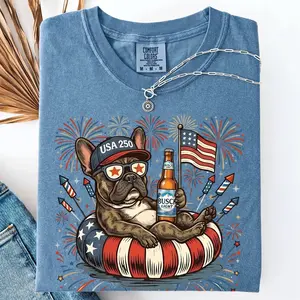 Comfort Color C1717 50+ Patriotic Dogs: 4th of July Funny Dog Light Beer Comfort Colors Unisex T-Shirts | 50+ Dog Breeds, Custom Available, USA Flag, Fireworks, America 250