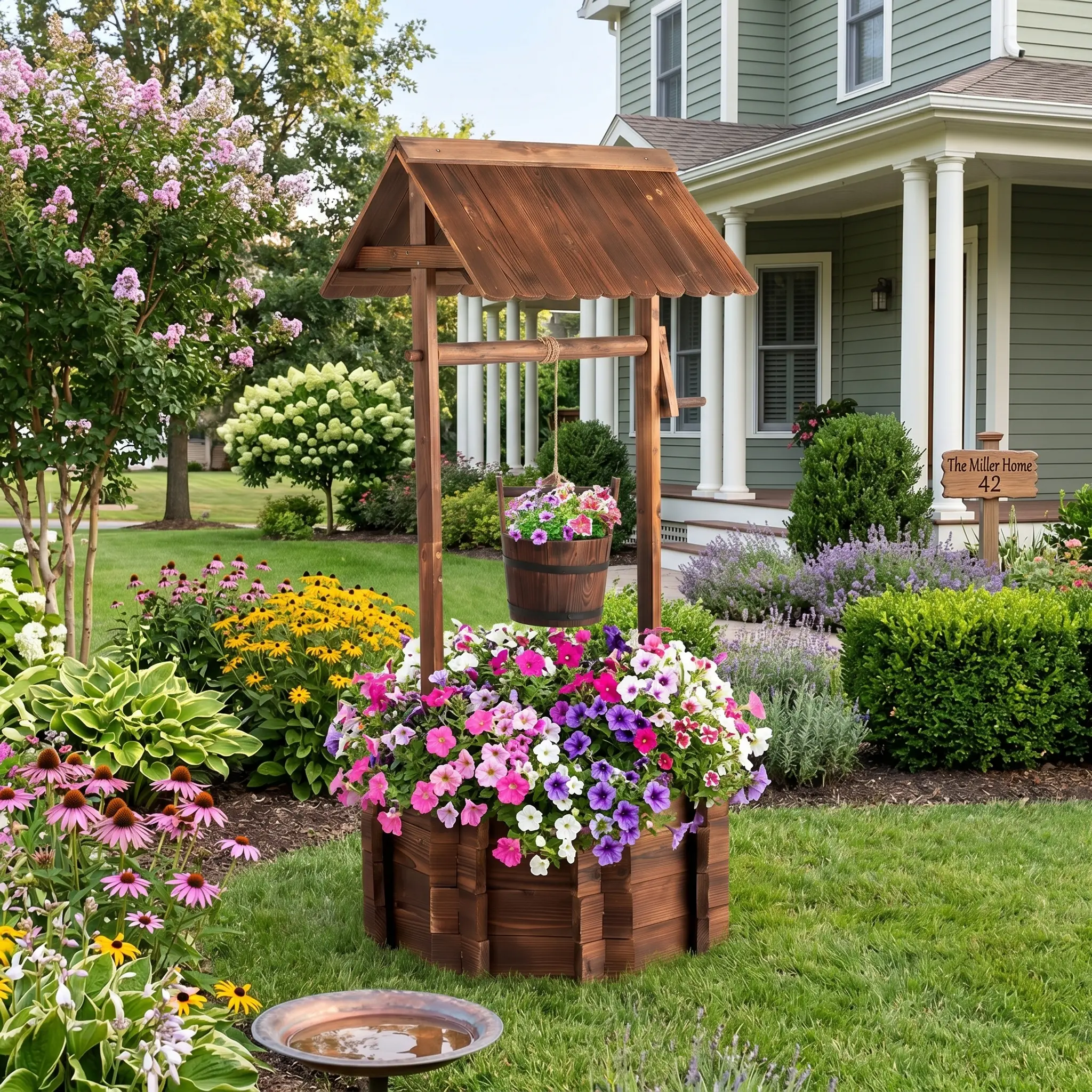 Reinforced Wooden Wishing Well Planter, Anti-Corrosive Fir Wood Outdoor Flowerpot with High-Temperature Carbonization, Rustic Yard and Garden Decor