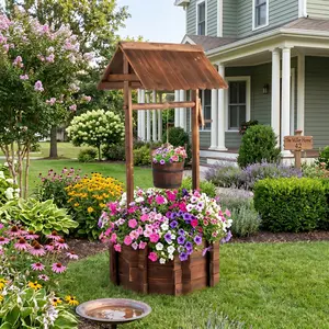 Reinforced Wooden Wishing Well Planter, Anti-Corrosive Fir Wood Outdoor Flowerpot with High-Temperature Carbonization, Rustic Yard and Garden Decor