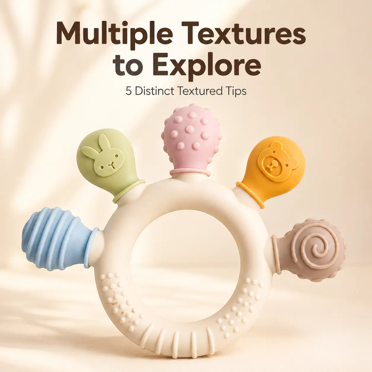 Multi-Texture Baby Teething Ring, Easy-Grip Open Center Teether with 5 Textured Tips, Lightweight Teething Toy, 6 Color Options