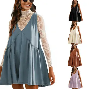 WoodBerry Women's V Neck Sleeveless Mini Dress Elegant Outfits Summer Casual Loose Pleated Swing Flowy Beach Sun Tank Dress with Pockets, Layer with Mesh Tops