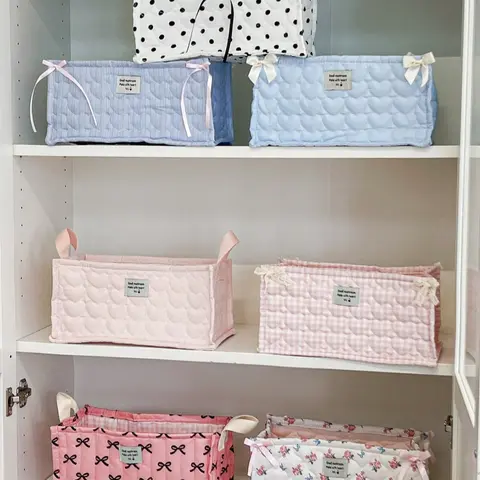 Cute Square Bow Storage Basket Organiser with Heart Check Pattern, Multi-Functional Storage Solution for Bedroom, Living Room, and Beauty Products, Home Organizers, Decorative Storage Basket, Organizing Baskets, Multi Purpose Storage